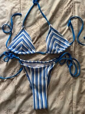 SHEIN Blue and White Striped Triangle Bikini Set